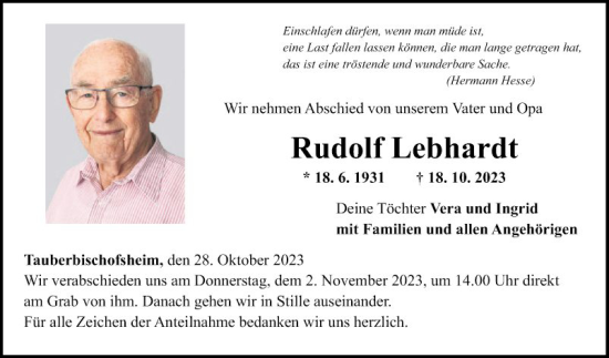 Traueranzeige von Rudolf Lebhardt von Fränkische Nachrichten