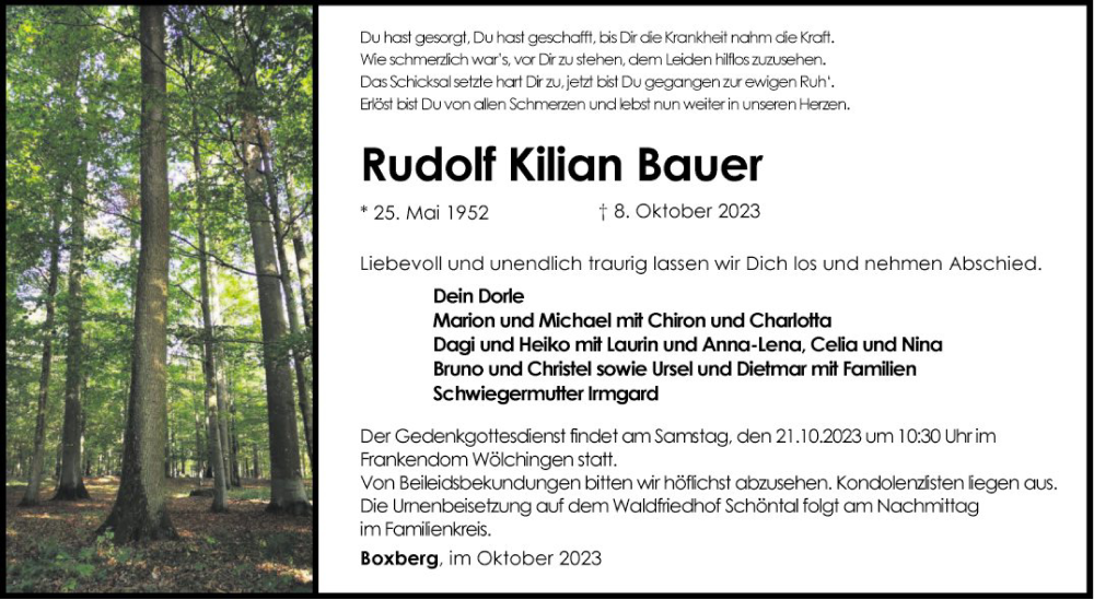  Traueranzeige für Rudolf Kilian Bauer vom 14.10.2023 aus Fränkische Nachrichten