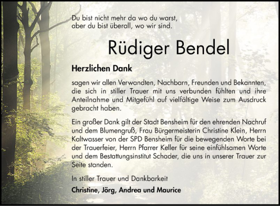 Traueranzeige von Rüdiger Bendel von Bergsträßer Anzeiger