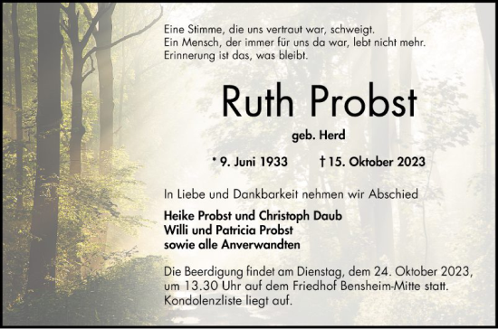 Traueranzeige von Ruth Probst von Bergsträßer Anzeiger