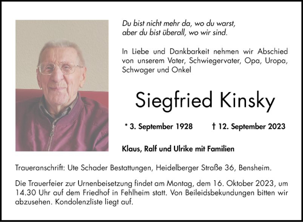  Traueranzeige für Siegfried Kinsky vom 07.10.2023 aus Bergsträßer Anzeiger