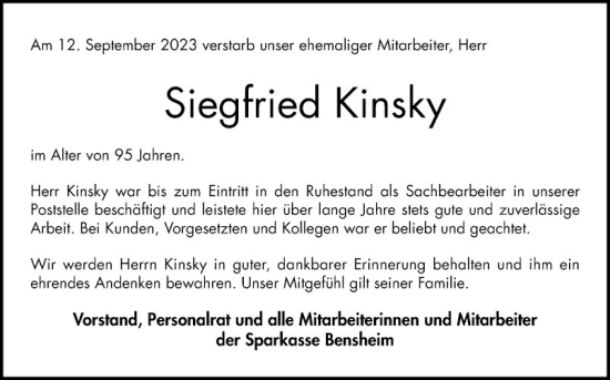 Traueranzeige von Siegfried Kinsky von Bergsträßer Anzeiger