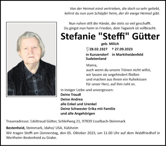 Traueranzeige von Stefanie  Gütter von Fränkische Nachrichten