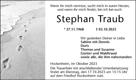 Traueranzeige von Stephan Traub von Schwetzinger Zeitung