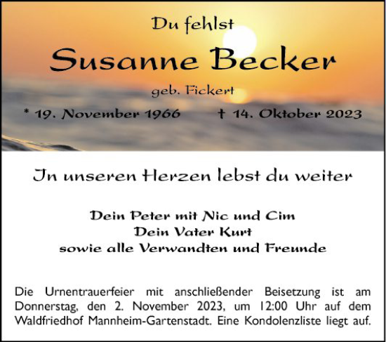 Traueranzeige von Susanne Becker von Mannheimer Morgen