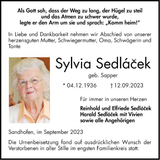 Traueranzeige von Sylvia Sedlacek von Bergsträßer Anzeiger