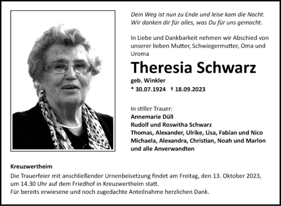 Traueranzeige von Theresia Schwarz von Fränkische Nachrichten