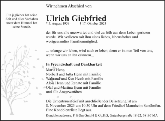 Traueranzeige von Ulrich Giebfried von Mannheimer Morgen