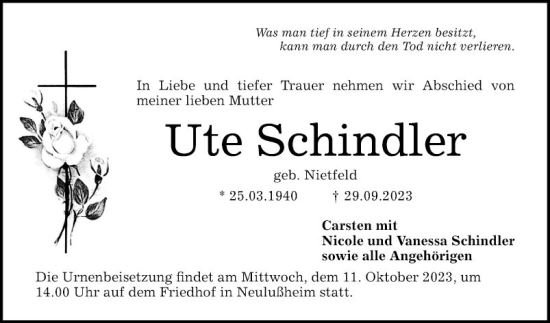 Traueranzeige von Ute Schindler von Schwetzinger Zeitung