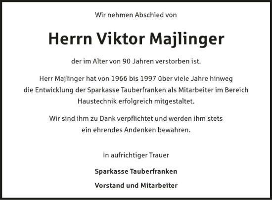 Traueranzeige von Viktor Majlinger von Fränkische Nachrichten