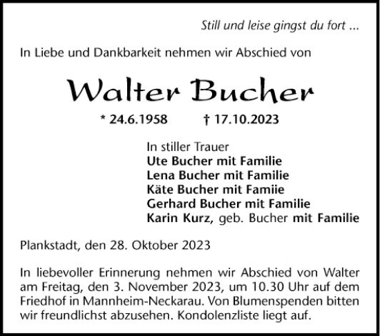 Traueranzeige von Walter Bucher von Mannheimer Morgen