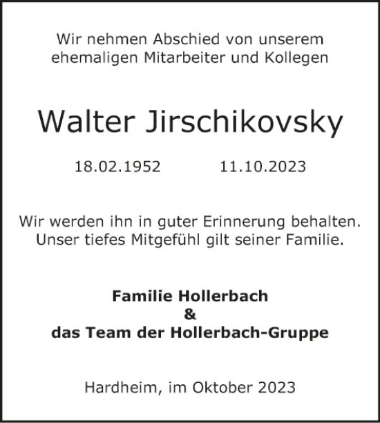 Traueranzeige von Walter Jirschikovsky von Fränkische Nachrichten