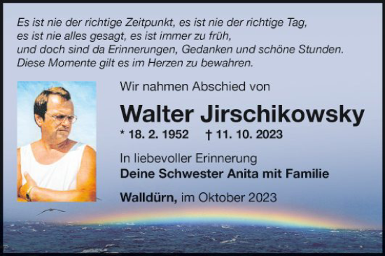 Traueranzeige von Walter Jirschikowsky von Fränkische Nachrichten