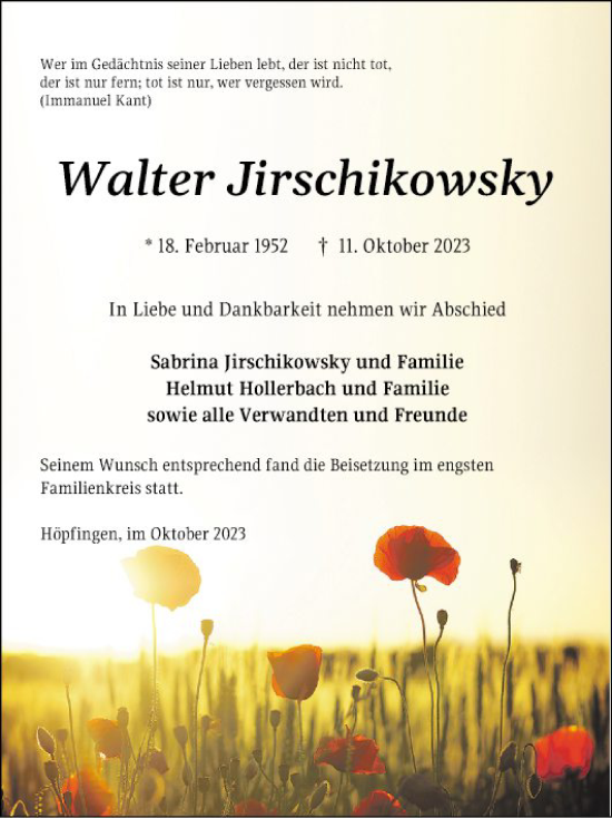 Traueranzeige von Walter Jirschikowsky von Fränkische Nachrichten