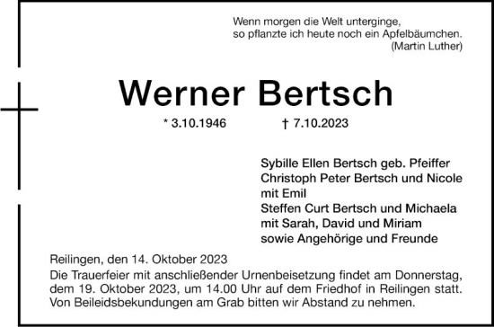 Traueranzeige von Werner Bertsch von Schwetzinger Zeitung