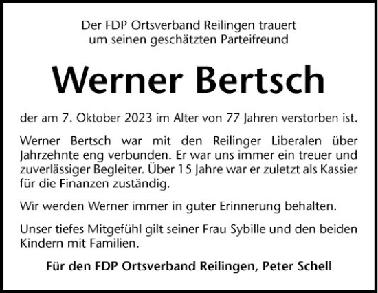 Traueranzeige von Werner Bertsch von Schwetzinger Zeitung