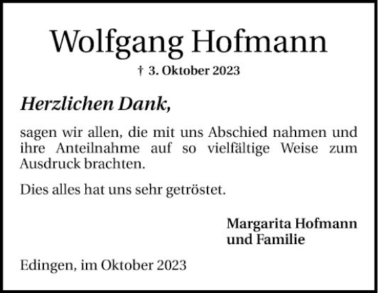 Traueranzeige von Wolfgang Hofmann von Mannheimer Morgen