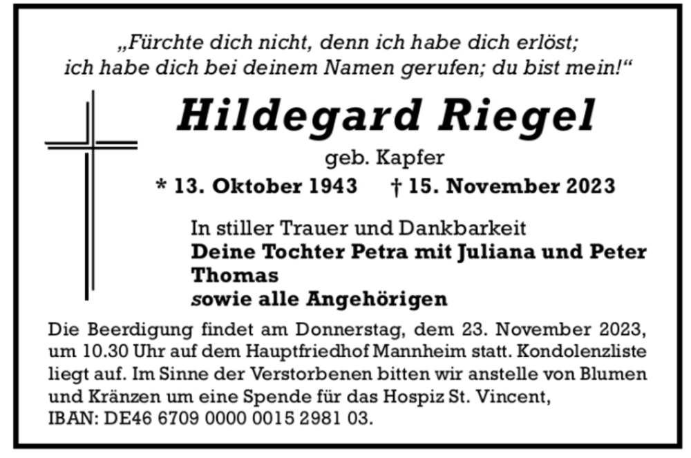  Traueranzeige für Hildegard Riegel vom 18.11.2023 aus Mannheimer Morgen