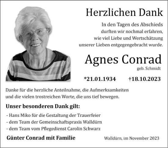 Traueranzeige von Agnes Conrad von Fränkische Nachrichten