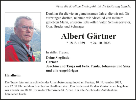 Traueranzeige von Albert Gärtner von Fränkische Nachrichten