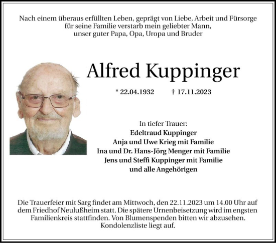 Traueranzeige von Alfred Kuppinger von Schwetzinger Zeitung