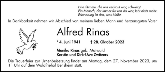 Traueranzeige von Alfred Rinas von Bergsträßer Anzeiger