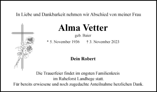 Traueranzeige von Alma Vetter von Fränkische Nachrichten