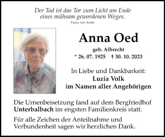 Traueranzeige von Anna Oed von Fränkische Nachrichten