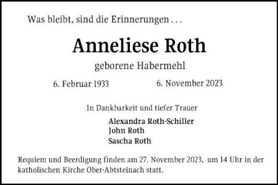 Traueranzeige von Anneliese Roth von Mannheimer Morgen