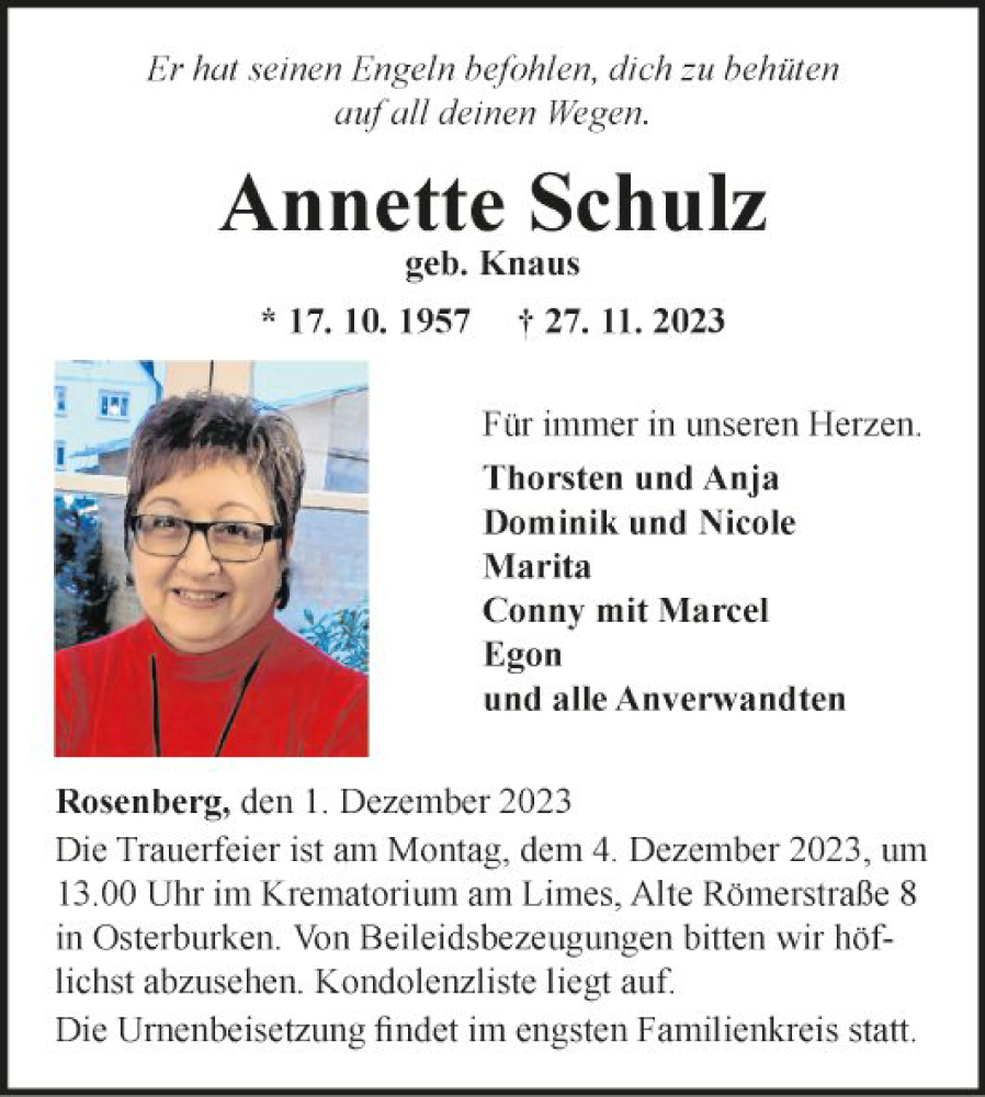  Traueranzeige für Annette Schulz vom 01.12.2023 aus Fränkische Nachrichten