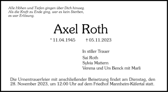 Traueranzeige von Axel Roth von Mannheimer Morgen