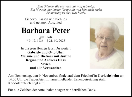 Traueranzeige von Barbara Peter von Fränkische Nachrichten