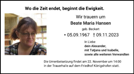 Traueranzeige von Beate Maria Hansen von Fränkische Nachrichten