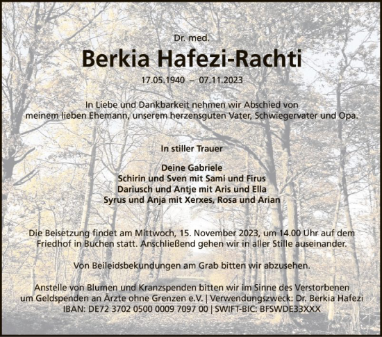 Traueranzeige von Berkia Hafezi-Rachti von Fränkische Nachrichten