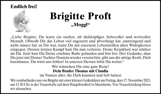 Traueranzeige von Brigitte Proft von Mannheimer Morgen