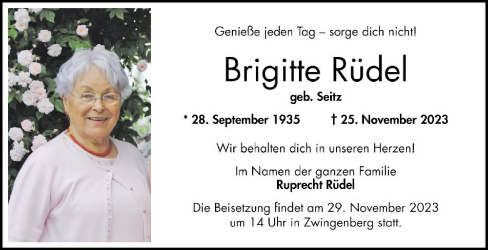  Traueranzeige für Brigitte Rüdel vom 28.11.2023 aus Bergsträßer Anzeiger