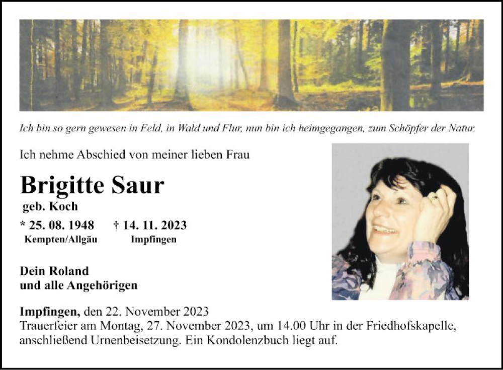  Traueranzeige für Brigitte Saur vom 22.11.2023 aus Fränkische Nachrichten