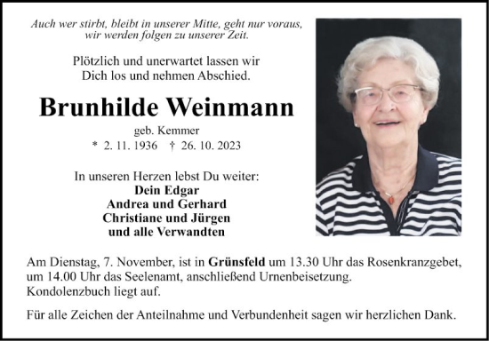 Traueranzeige von Brunhilde Weinmann von Fränkische Nachrichten