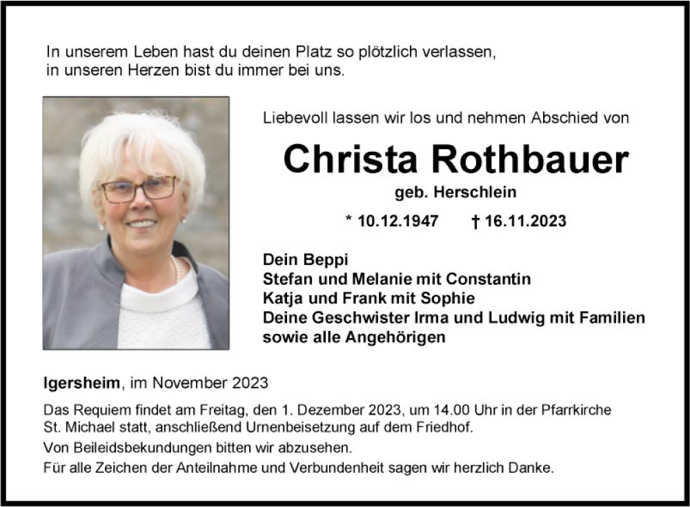  Traueranzeige für Christa Rothbauer vom 28.11.2023 aus Fränkische Nachrichten