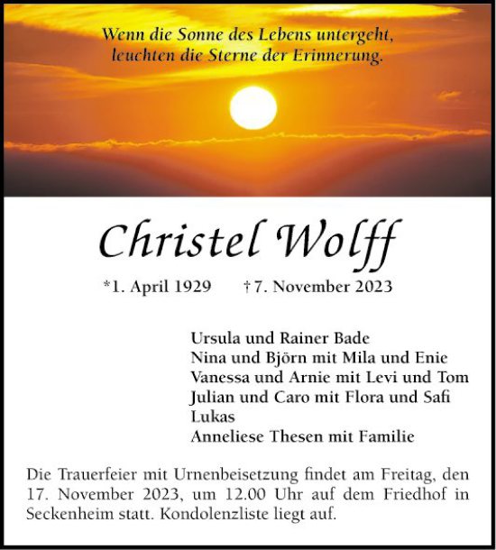 Traueranzeige von Christel Wolff von Mannheimer Morgen