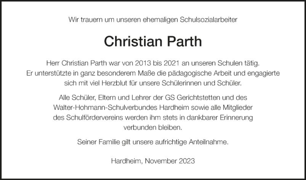  Traueranzeige für Christian Parth vom 24.11.2023 aus Fränkische Nachrichten