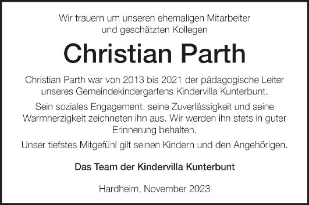  Traueranzeige für Christian Parth vom 24.11.2023 aus Fränkische Nachrichten