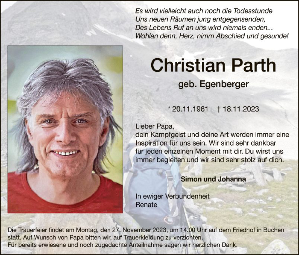  Traueranzeige für Christian Parth vom 23.11.2023 aus Fränkische Nachrichten