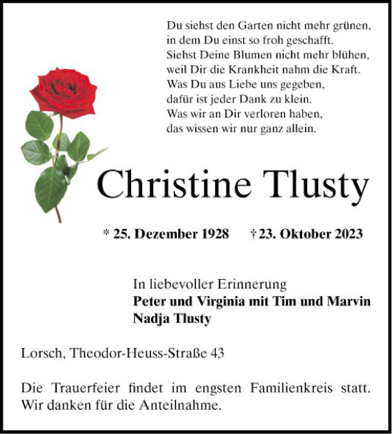 Traueranzeige von Christine Tlusty von Bergsträßer Anzeiger