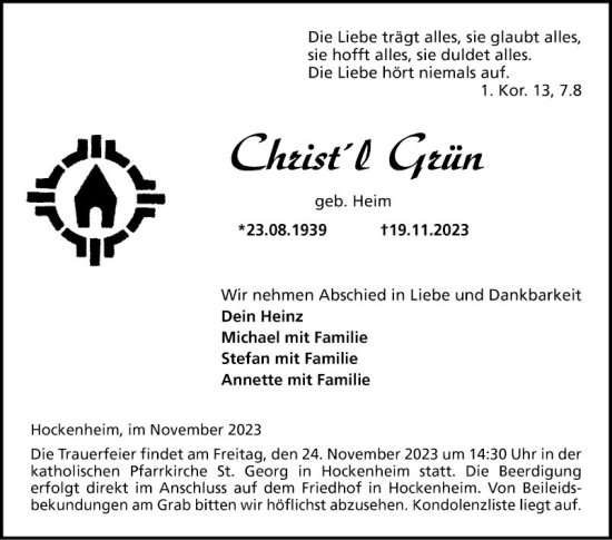 Traueranzeige von Christl Grün von Schwetzinger Zeitung