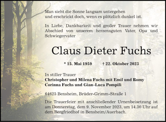 Traueranzeige von Claus Dieter Fuchs von Bergsträßer Anzeiger