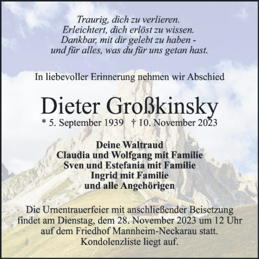  Traueranzeige für Dieter Großkinsky vom 18.11.2023 aus Mannheimer Morgen