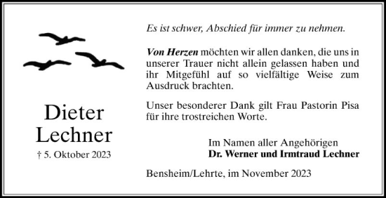 Traueranzeige von Dieter Lechner von Bergsträßer Anzeiger