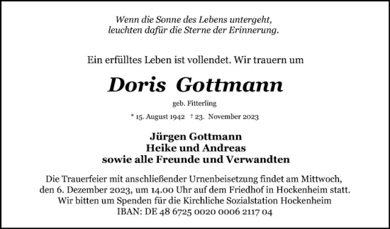 Traueranzeige von Doris Gottmann von Schwetzinger Zeitung