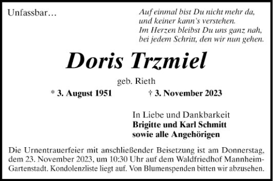 Traueranzeige von Doris Trzmiel von Mannheimer Morgen